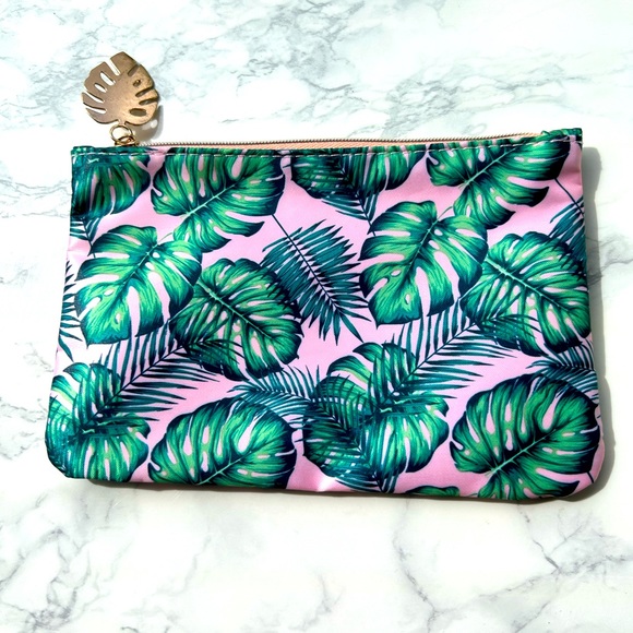 Tropical Cosmetic Bag - New Ipsy. Pink & Green with Palm Leaf Zipper Pull. - Picture 2 of 2